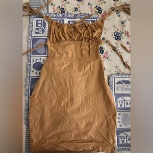 Tan, bodycon, backless, strapppy mini dress